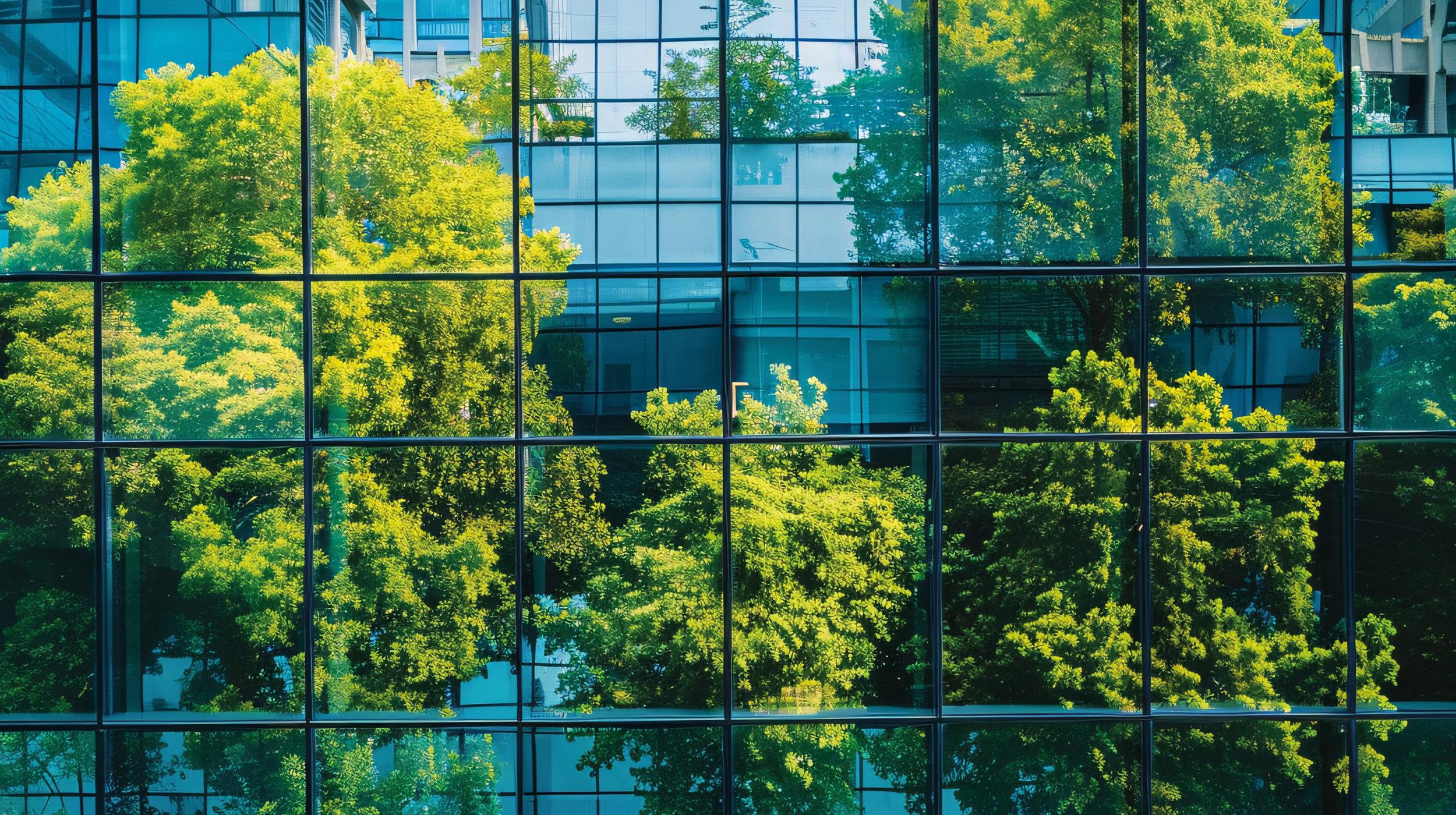 Green trees reflected in a glass office building